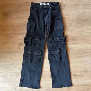 VIP Jeans Womens Black Washed Multi Pocket Cargo Wide Leg Denim Pants Size 3/26
